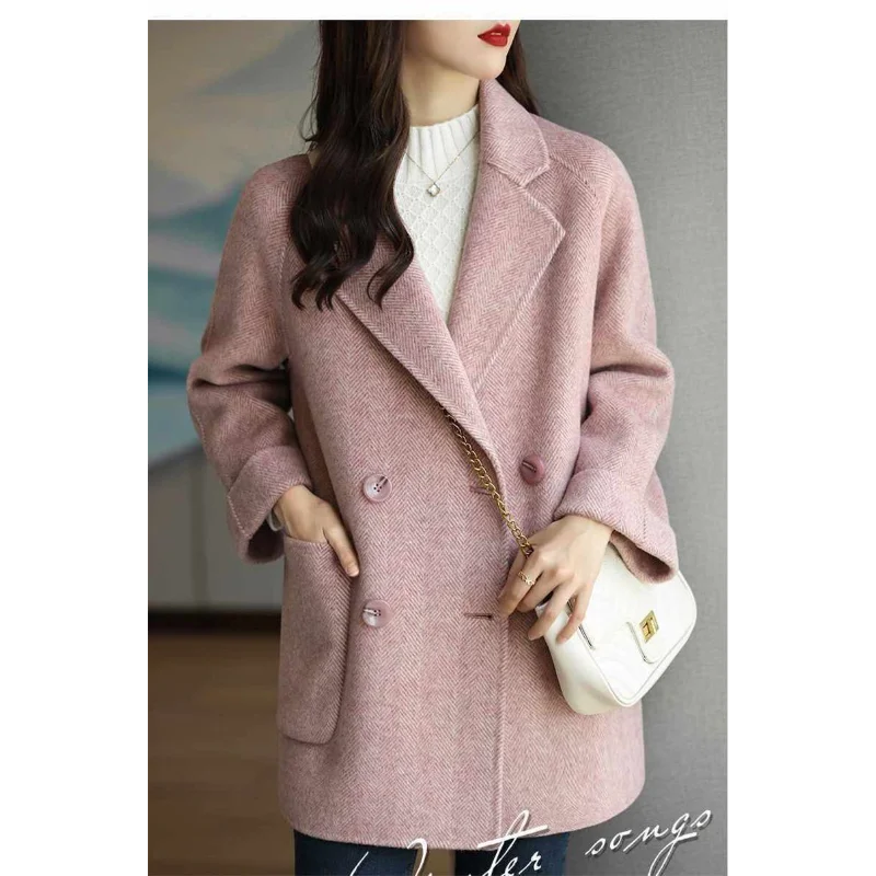 เสื้อแจ็คเก็ตขนสัตว์ทรงหลวมลายก้างปลาแฟชั่นใหม่สำหรับฤดูใบไม้ผลิและฤดูใบไม้ร่วงสำหรับผู้หญิง