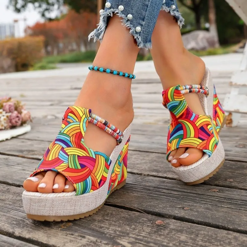 Boho-Style Plateau-Sandalen für Damen 2026 Sommer Bunte Chunky-Plateau-Sandalen Übergrößen Rutschfeste Strandschuhe