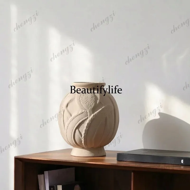 E182 Embossed wabi-sabi wind medieval coarse pottery vase, hotel homestay flower arrangement Zen soft decoration