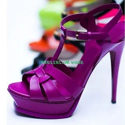 Pereira Purple Khaki Platform T Strap Sandals Women Open Toe Ankle Buckle Solid Candy Color Fashion Shoes on Heel Summer Sandals