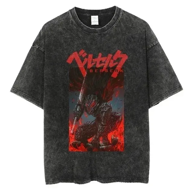 

2025 Washed Berserk Guts Anime T Shirt Oversized Y2k Women Men Harajuku Cotton Casual Short Sleeves Unisex Female Male Clothing