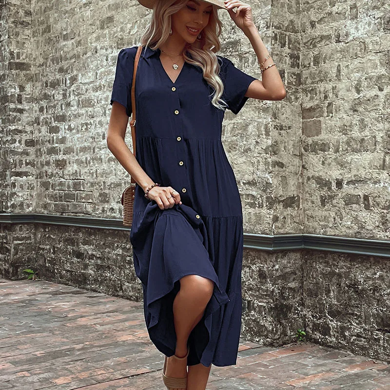 Retro Casual Women's Summer Long Dress Boho Solid Color Short Sleeve Button Beach Sundress Shirt Skirt Maxi Dresses Vestidos