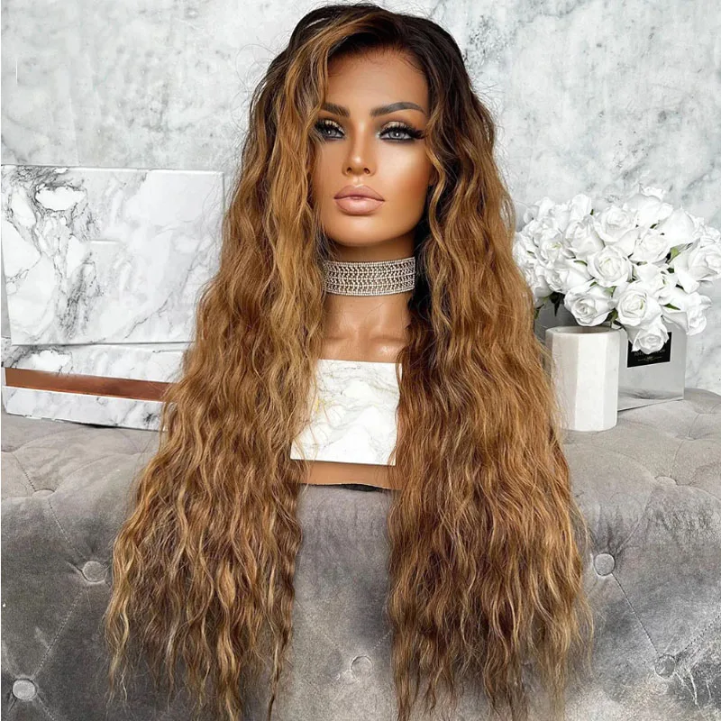 

Мягкий длинный кудрявый парик омбре коричневого цвета, 26 дюймов, с кружевной передней частью, для женщин, с детским волосом, синтетический, предварительно снятая линия роста волос, без клея, на каждый день