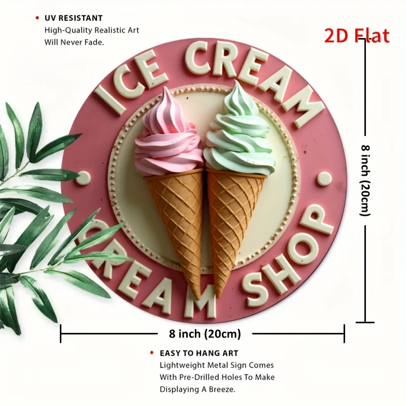 2D Flat, 1pc 8x8 Inch Retro Ice Cream Metal Wall Sign - Vintage 1950s Diner Style 2D Flat Aluminum Poster with Classic Ice Cream