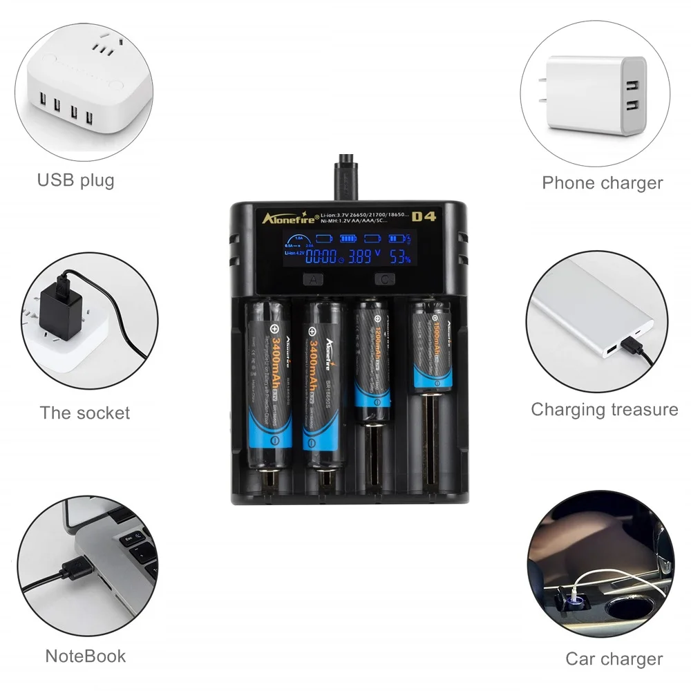 LCD Screen 4-Channel Li-ion Ni-Mh Ni-Cd Battery 1.2V 3.7V Original Smart Universal USB Charger 26650/16340/21700/18650/AA/AAA