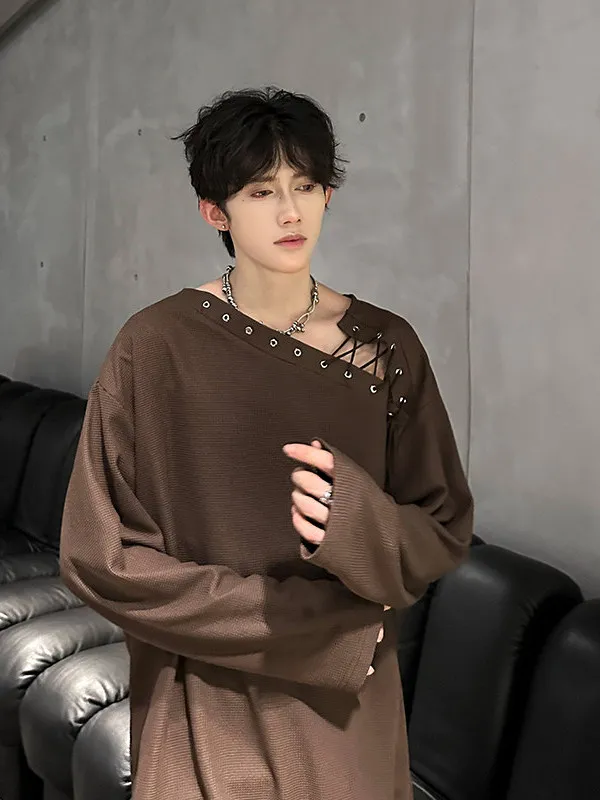 

TANGZ STUDIO Men's Long Sve Hollow out T-irt oulder Design Loose Fit Spring Autumn Faion Urban Sle Polyester Fiber