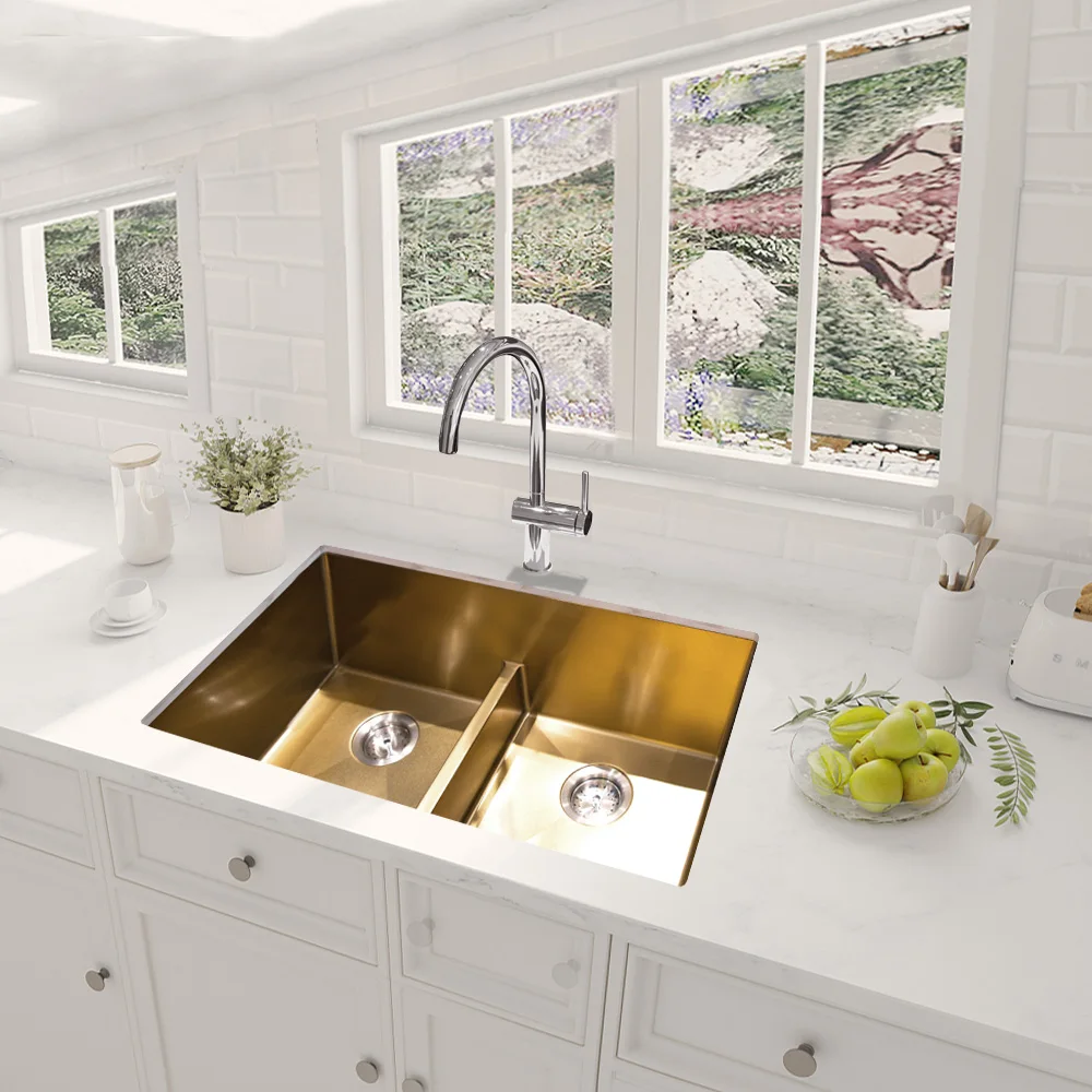 High Quality Nano PVD Gold Silver Black Modern Handmade Undermount Stainless Steel 201/304 Double Bowl Kitchen Sink Faucet
