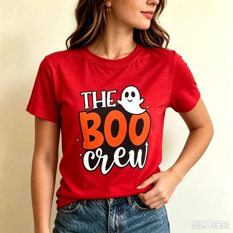 THE BOO CREW Ghost Pumpkin Graphic Women T-Shirt 100% Cotton Tee For Funny Halloween Fall Casual Wear