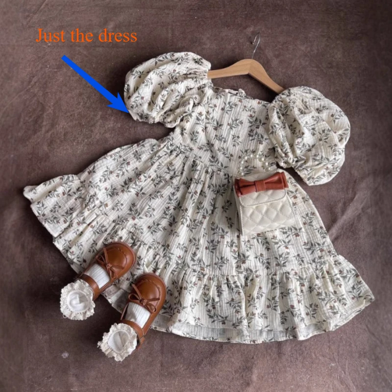 2-8Y Girls Casual Dresses 2025 Russian Spring Summer Floral Cotton Linen Bubble Sleeve Lace-up Dress Kids A-line Skirt 90-140cm