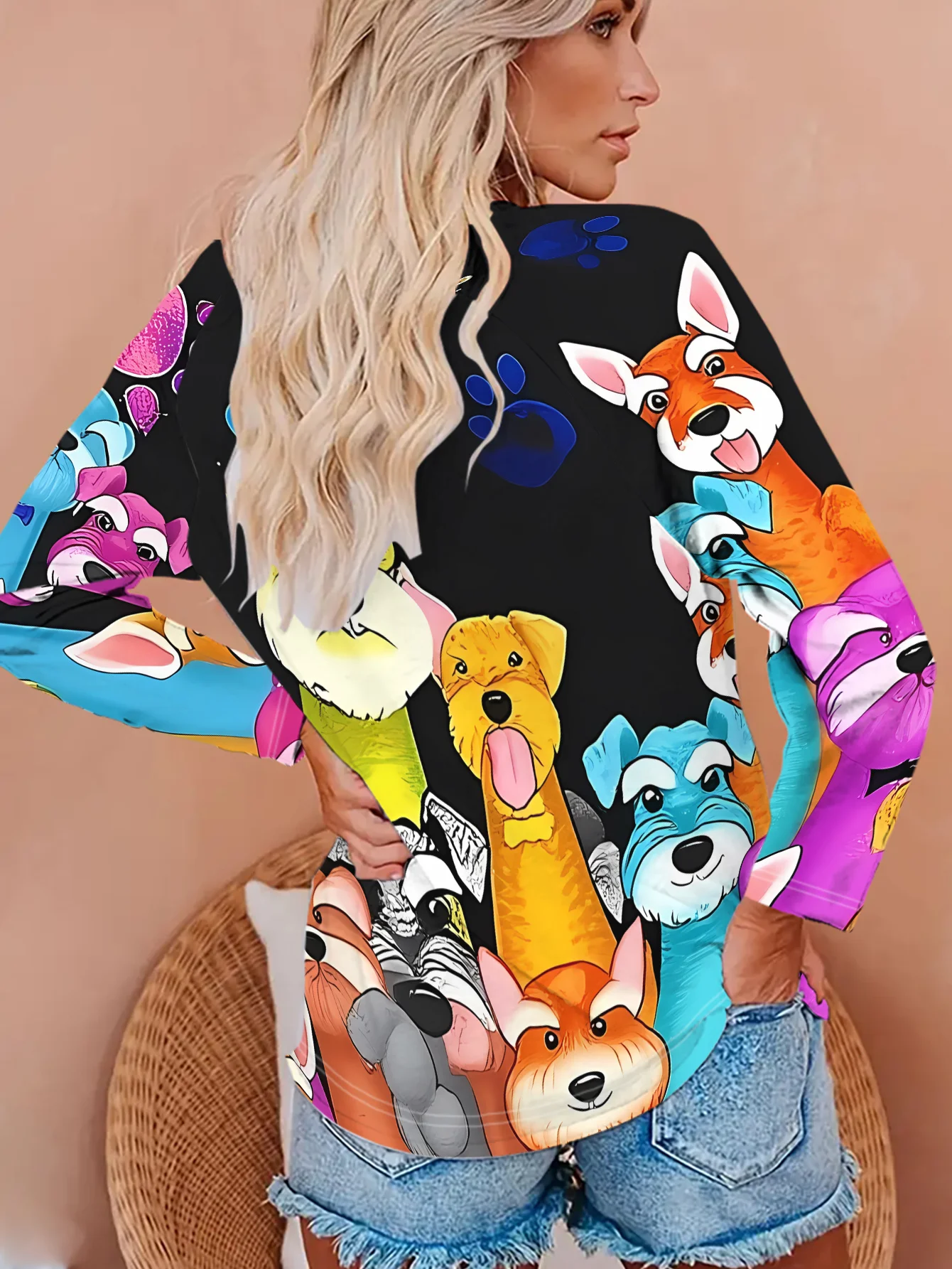 New Women Round Neck Long Sleeve T-shirt Colorful Cartoon Dog Puppy Street Print Casual Top Spring Autumn Ladies Daily Wear