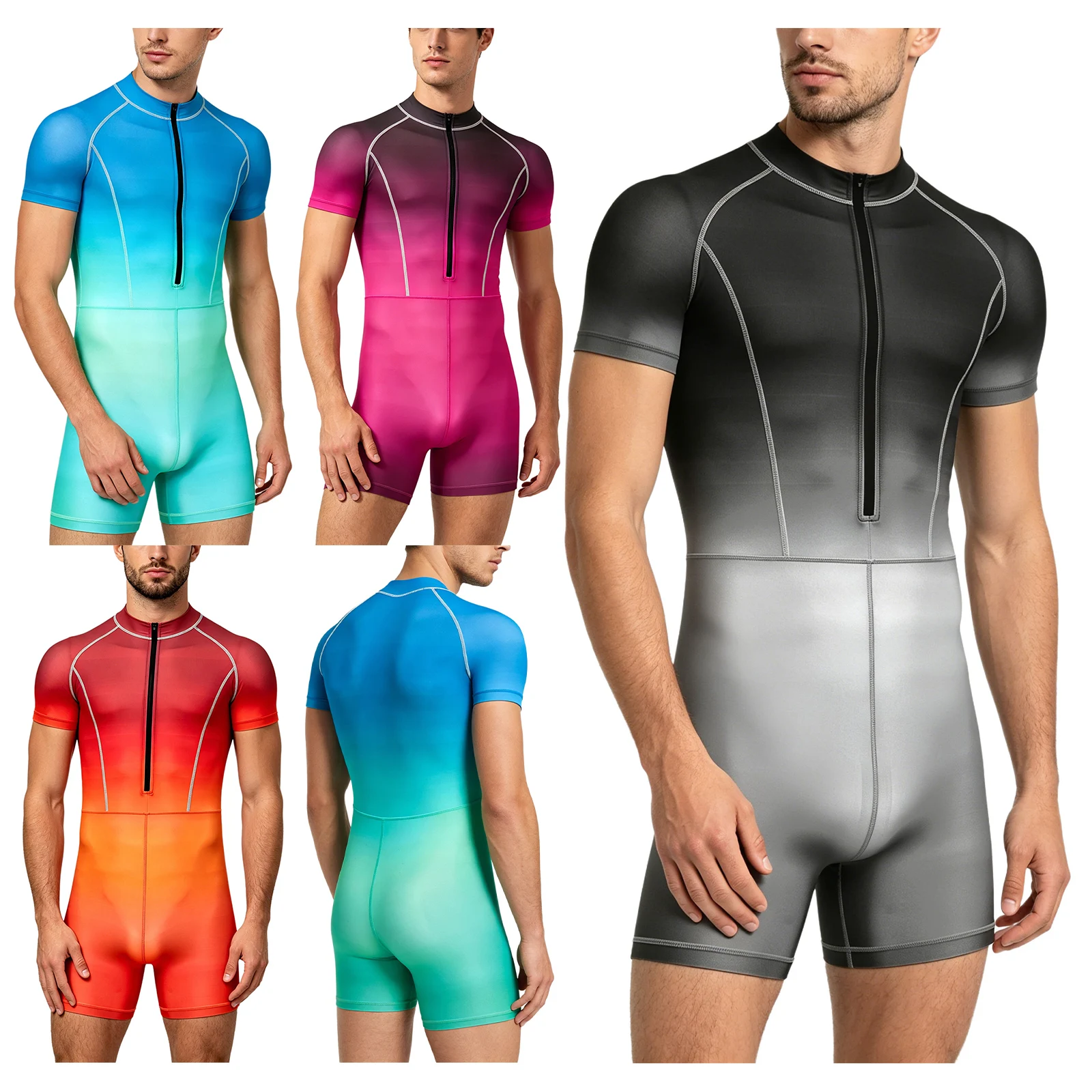 Badebekleidung für Herren, UPF50+, Farbverlauf, einteiliger Rashguard, Reißverschluss, kurzärmeliger Body, Surf-Badeanzug, schnell trocknender Neoprenanzug, Badeanzug – Detail 3