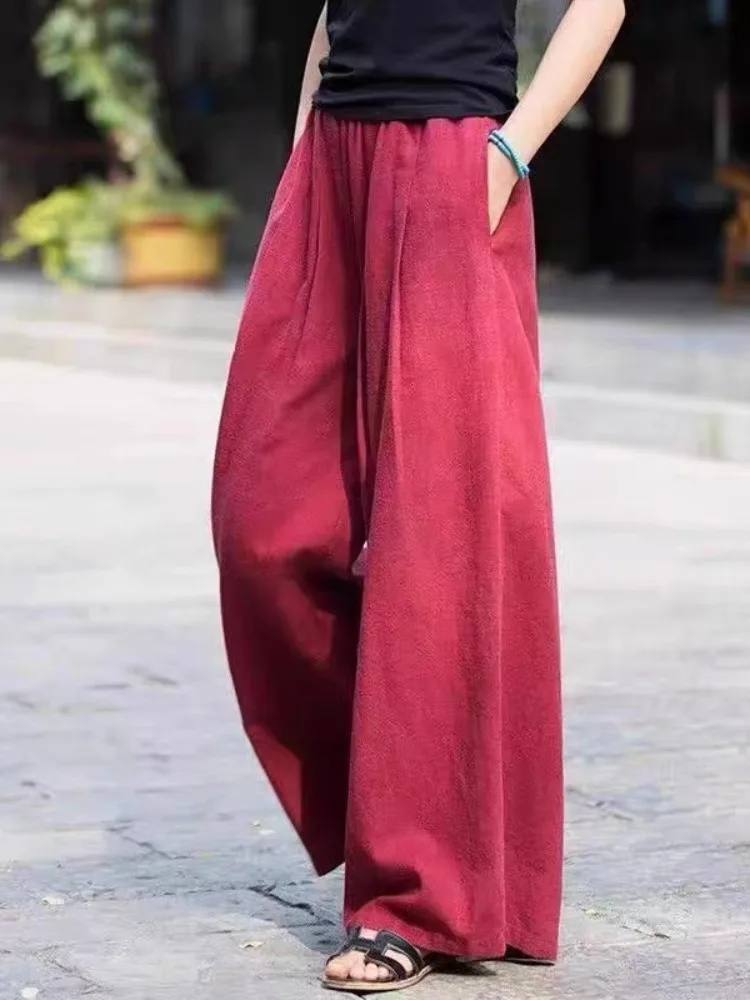 고급 린넨 캐주얼 와이드 레그 팬츠 여성 여름 출퇴근용 신축성 허리 큰 사이즈 젠 코튼 린넨 와이드 레그 롱 팬츠