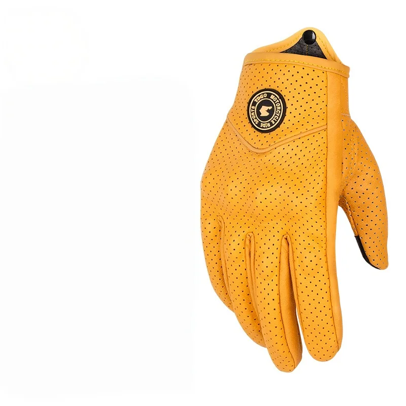 Retro Yellow Leather Motorcycle Gloves Men Women Breathable Perforated Motorbike Racing Gloves Touch Screen Motocross Moto Glove