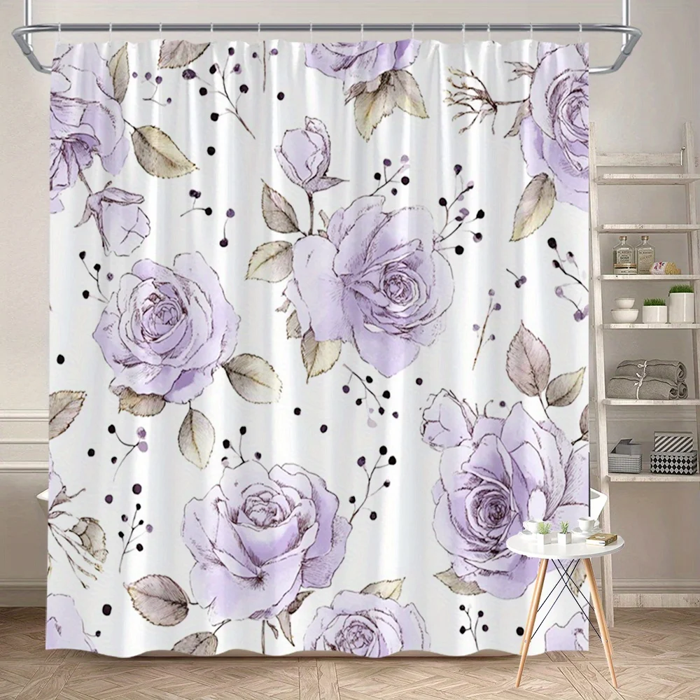

1 шт., фиолетовая занавеска для душа с цветочным принтом лавандового цвета — полиэфирная ткань, можно стирать в машине, с крючками, подходит для украшения ванной комнаты