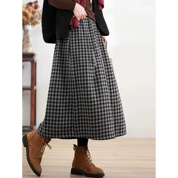 Vrouwen Herfst Winter Dikke Vintage Geruite Wollen Doek Elastische Taille Rok Vrouwen Kleding Eenvoud Elegante All-Match A-Line Rok