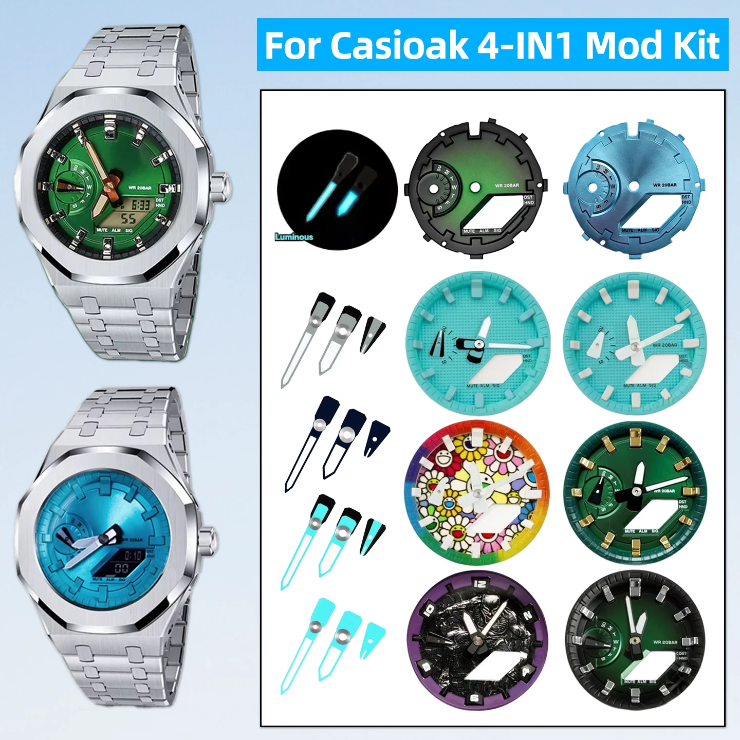 GA2100 DIY Luminous Mod Kit for Casio G-shock GA-2100 GA-B2100 Complete Metal Dial Index Ring Set with Bezel Hour Marker Upgrade