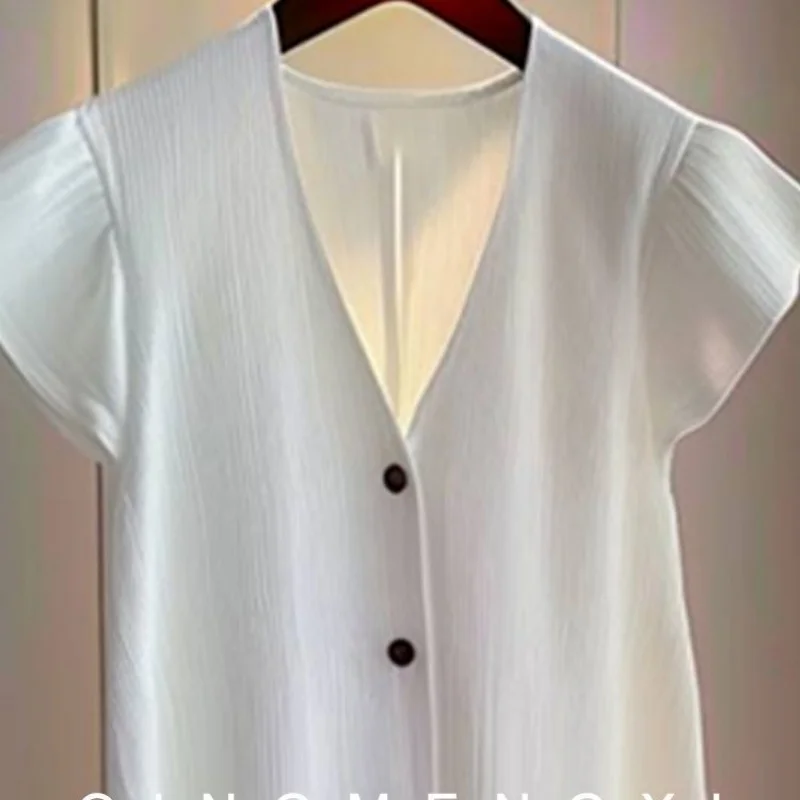 夏春白 V ネックドレス女性韓国ファッションフライングスリーブシングルブレストストレート Vestidos ルーズカジュアルミディドレス