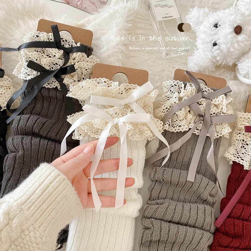 الخريف الشتاء الدانتيل Bowknot تدفئة الساق النساء لوليتا جوارب محبوكة الفتيات تدفئة الركبة جوارب طويلة غطاء للقدم الدافئة جوارب #5