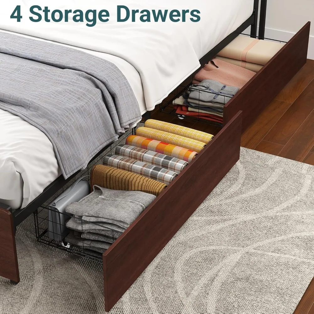 Marco de cama tamaño Queen/Full con 4 cajones de almacenamiento y cabecero con luz LED de almacenamiento de 2 niveles, sin ruido, No requiere somier