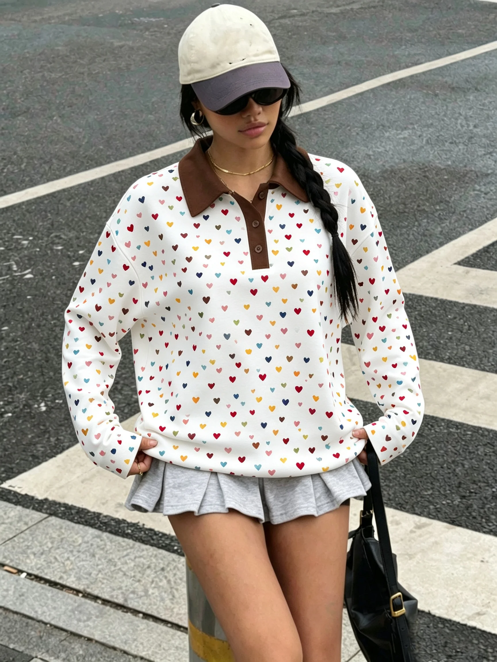 Women's Autumn Casual Lapel Button Color Block Geometric Pattern Long Sleeve Hoodie Top for Daily Travel