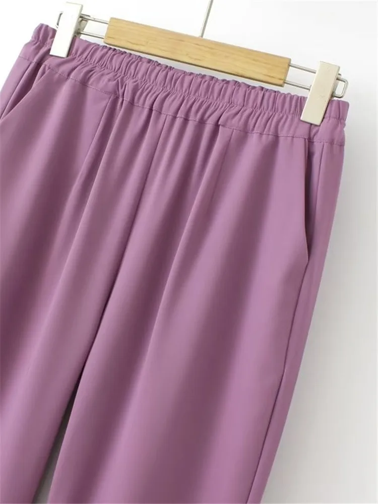 Pantalones de talla grande para mujer, pantalón de cintura elástica, color sólido, no elástico, con botones de Chinoiserie que decoran la pierna