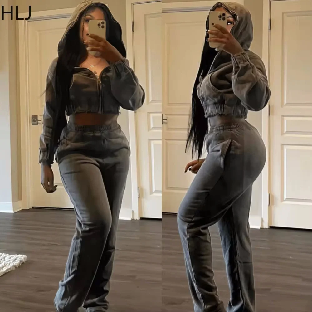 

HLJ Autumn Casual Solid Color Jogger Pants Two Piece Sets Women Zipper Hooded Long Sleeve Crop Top And Pants Outfits Tracksuits