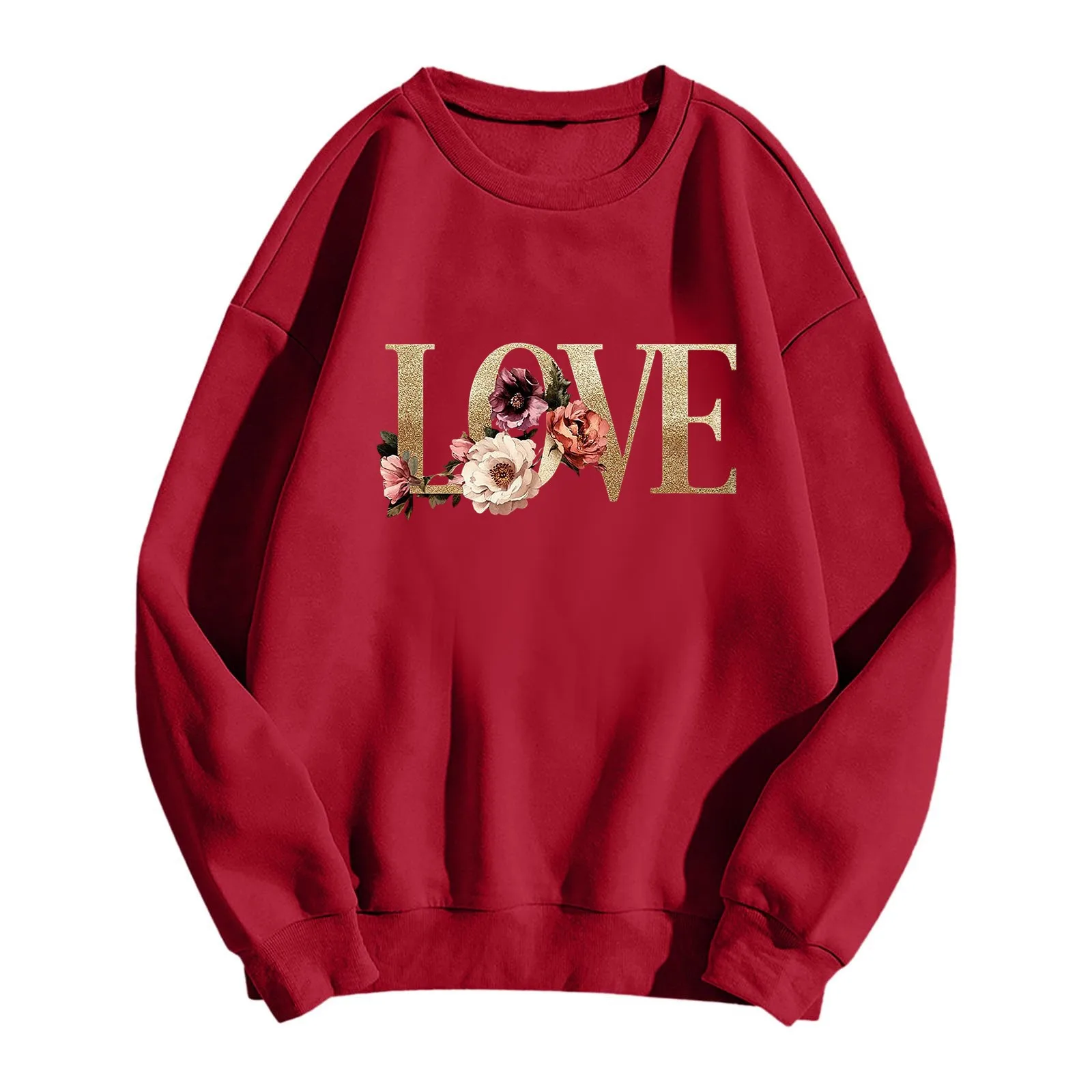 Women's Fashion Printed Sweatshirts Golden Love Happy Valentine's Day Long-Sleeved Capless Pullover Top Casual Woman Clothing