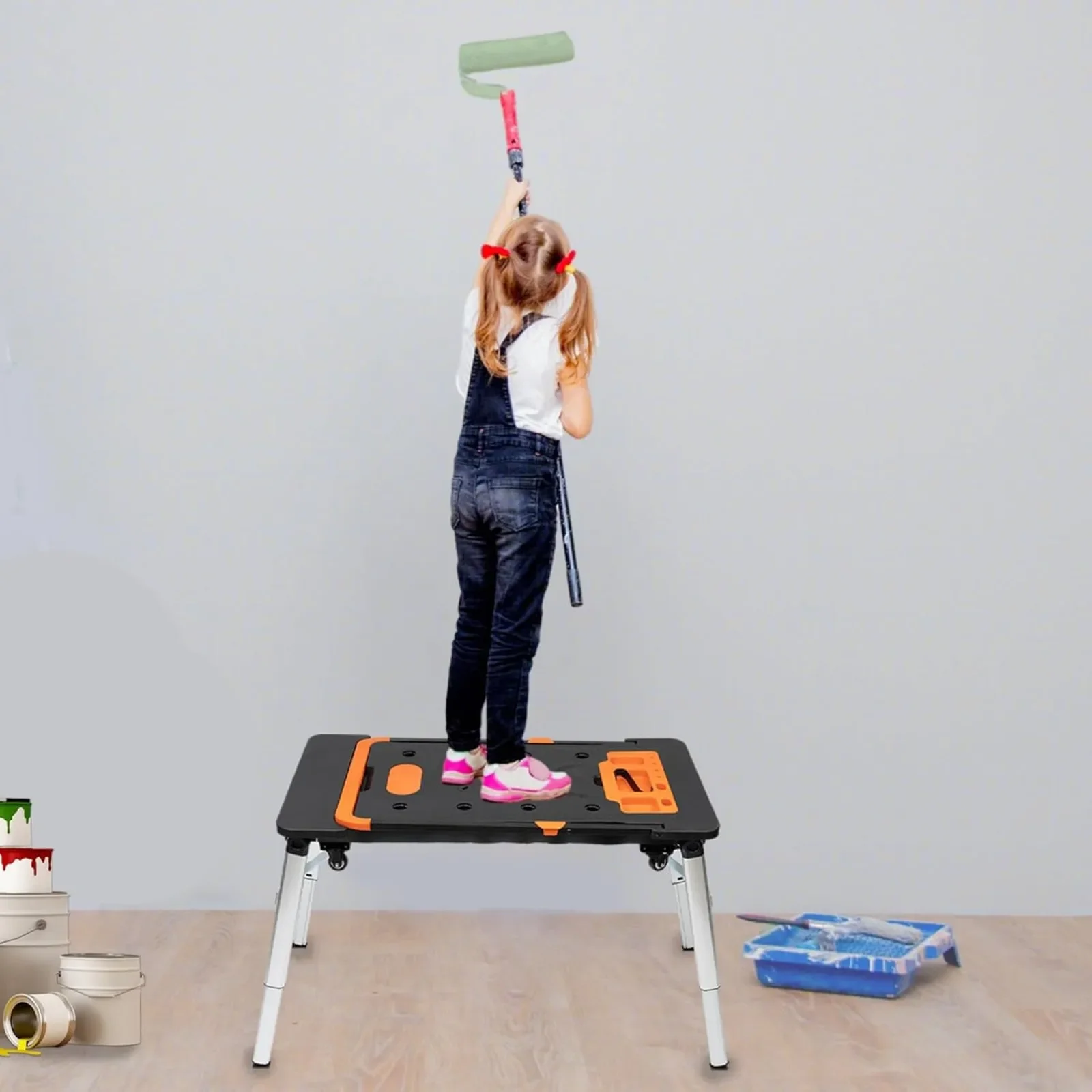 طاولة عمل معدنية سوداء متعددة الوظائف 7 في 1، 1090 × 550 مم، ارتفاع 520-780 مم، سعة تحميل 150/250 كجم