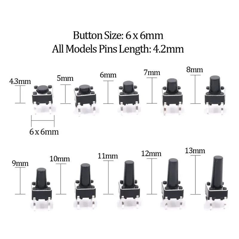 250pcs 20value 4pins 6x6mm 12x12mm 5/6//8/9/10/11/12/13mm Tactile button switch micro instant classification Assorted kit