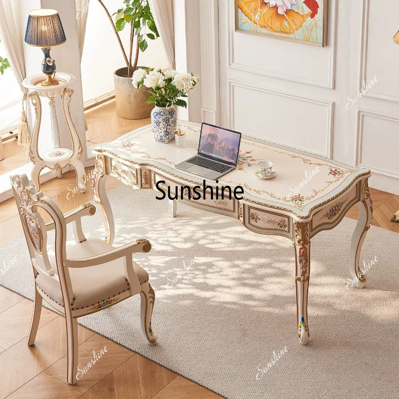 French style, furniture solid wood hand-painted, desk chair, luxury office computer desk