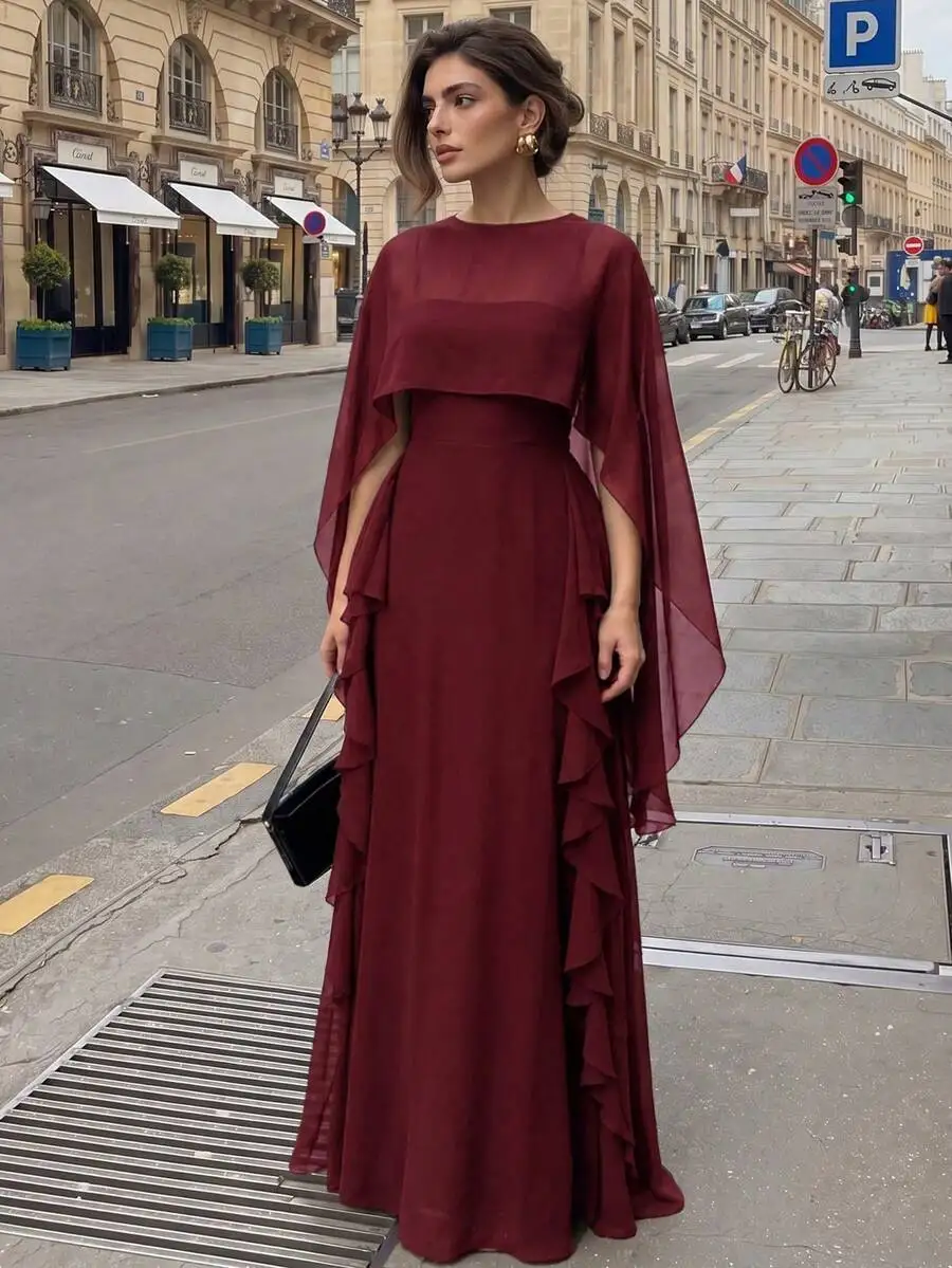 Women's Spring/Summer Brown Elegant Chiffon Cover-Up Paired With Ruffle Strapless Maxi Dress, Elegant Evening Gown
