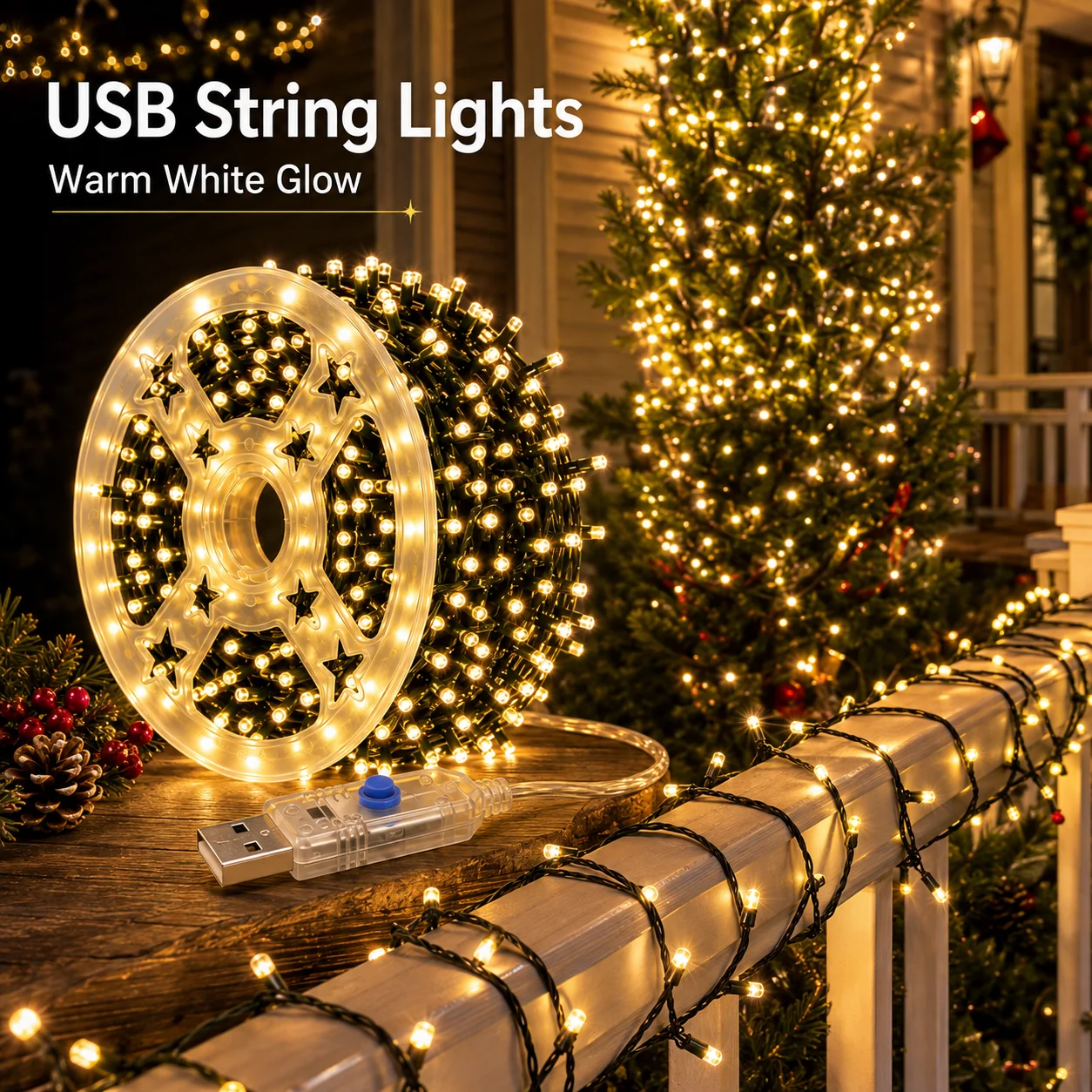 Christmas String Lights USB Reel Fairy Lights Warm White 20M 180LED 30M 260LED 40M 320LED 50M 400LED 8 Modes for Garden Patio