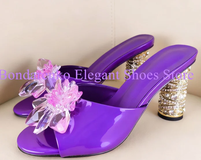 Purple Color Crystal Lady Sandals Fashion Rhinestone Pearl Decor Woman Chunky Heel Slippers Shoes Large Size Banquet Shoes