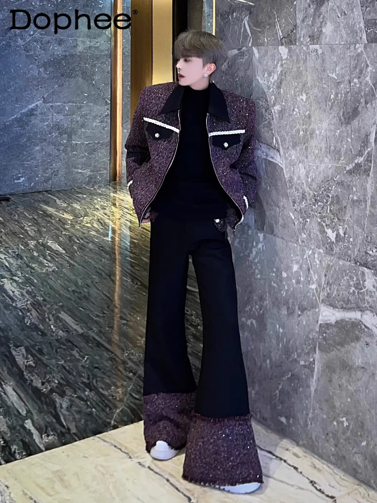 

Fashion Small Fragrant Splicing Design Sets Men 2026 Spring New Lapel Tweed Jackets Flared Comfort Pants Trendy Two-Piece Sets