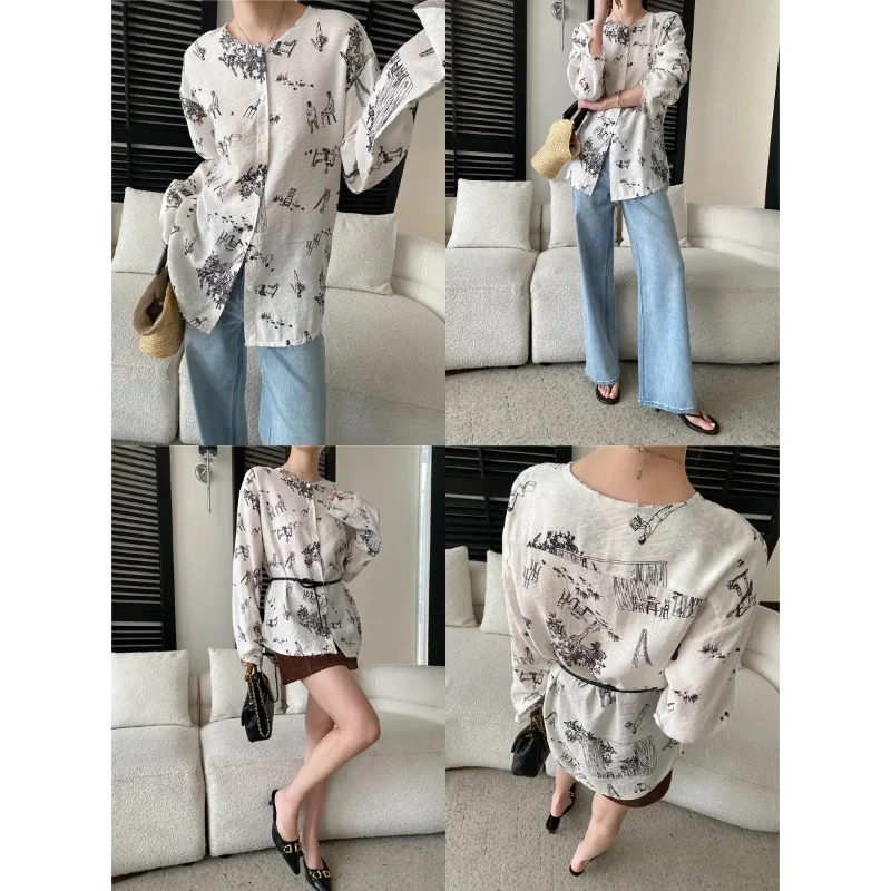 Casual Stylish Loose-Fit Shirt Print Vintage White Shirt With Print Casual Long Sleeve Blouse For Women Work Office Daily 6ROH