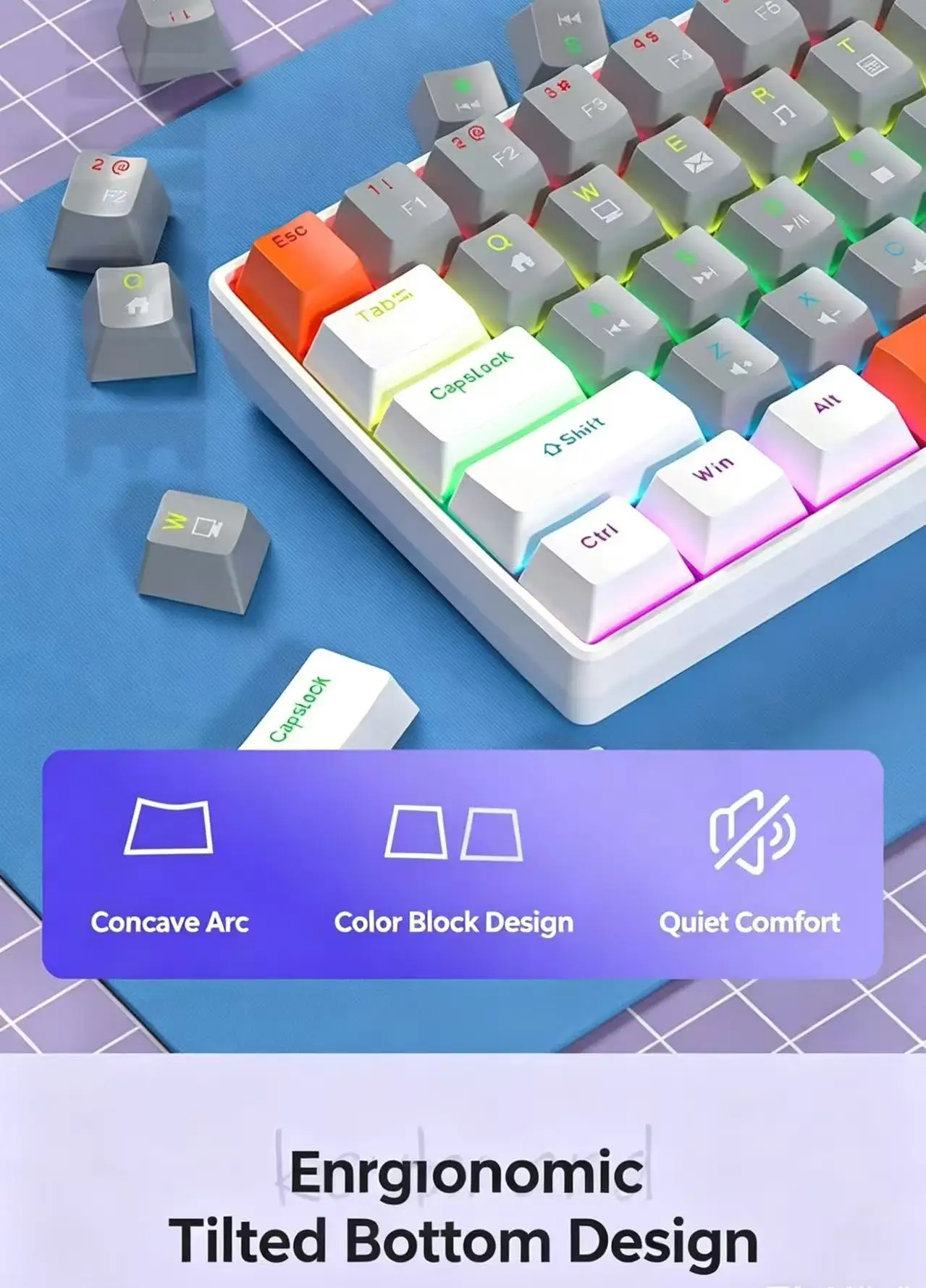 61 Keys Red Switch Mechanical Keyboard, Detachable Type-C Cable, RGB Backlit Compact Gaming Keyboard for Office & Game Use