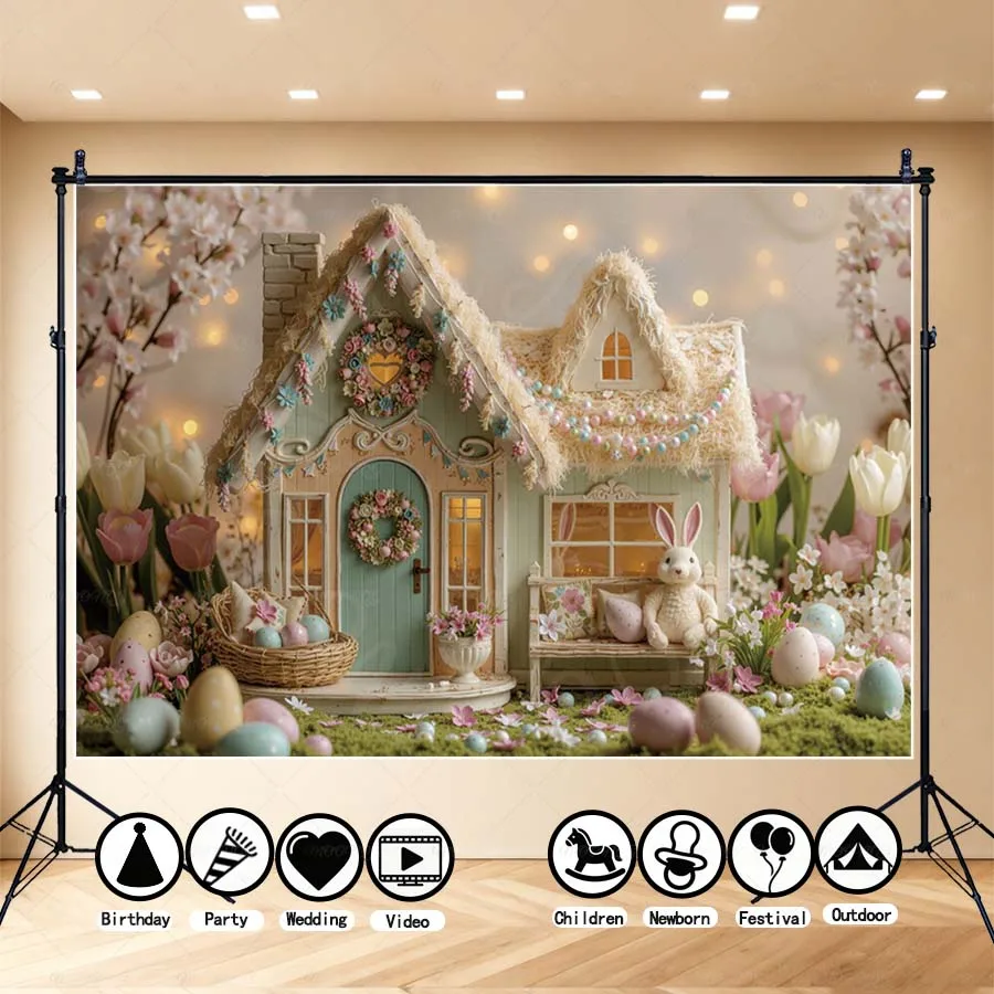 

MOON.QG Easter Day Fairy Tale Dreamy House Photo Background Colorful Eggs Photography Backdrop For Kids Portrait Shooting Indoor