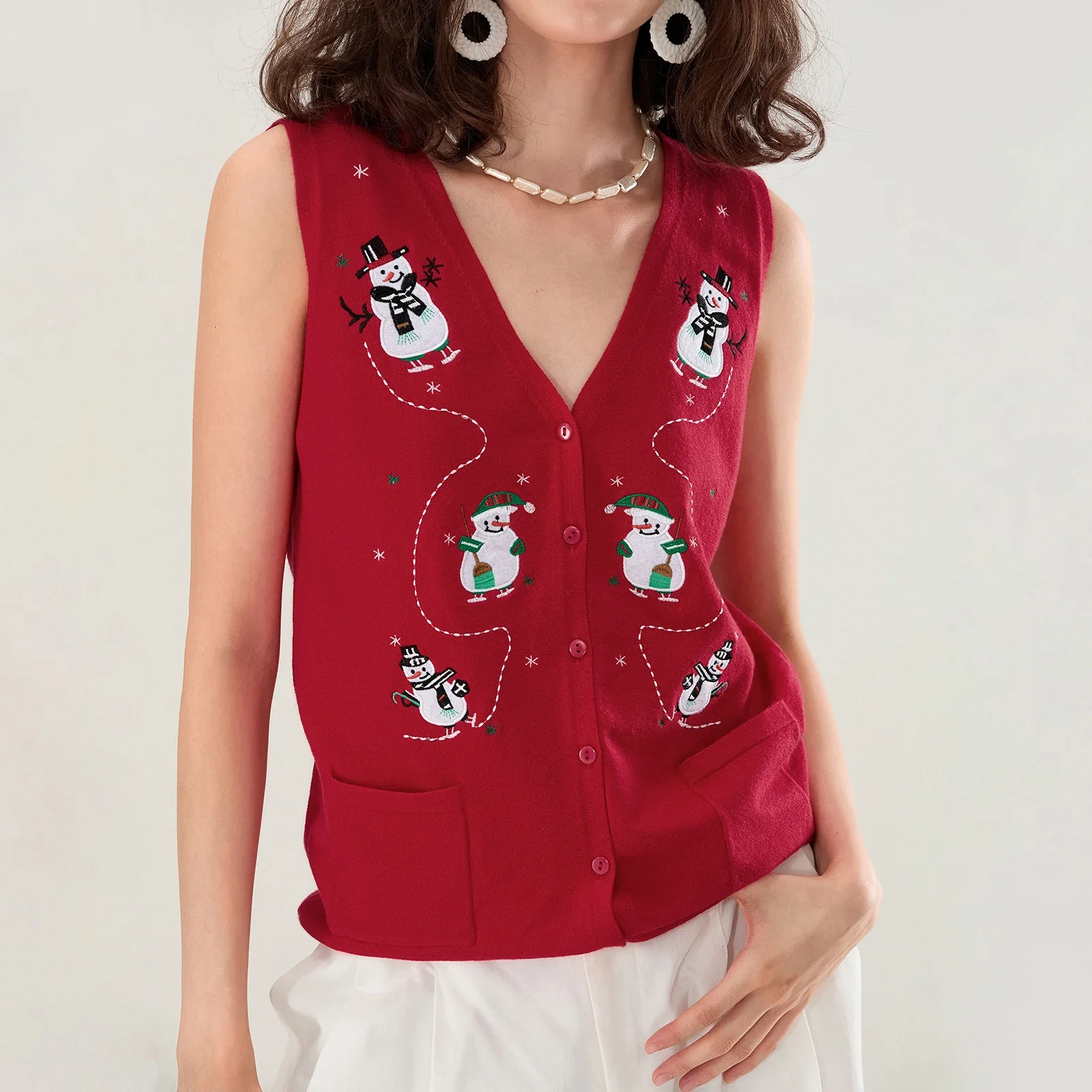 Women Christmas Knit Vest Top Santa Embroidery Sleeveless Button Down Sweater Vest Xmas Snowman Cardigans Tank Top