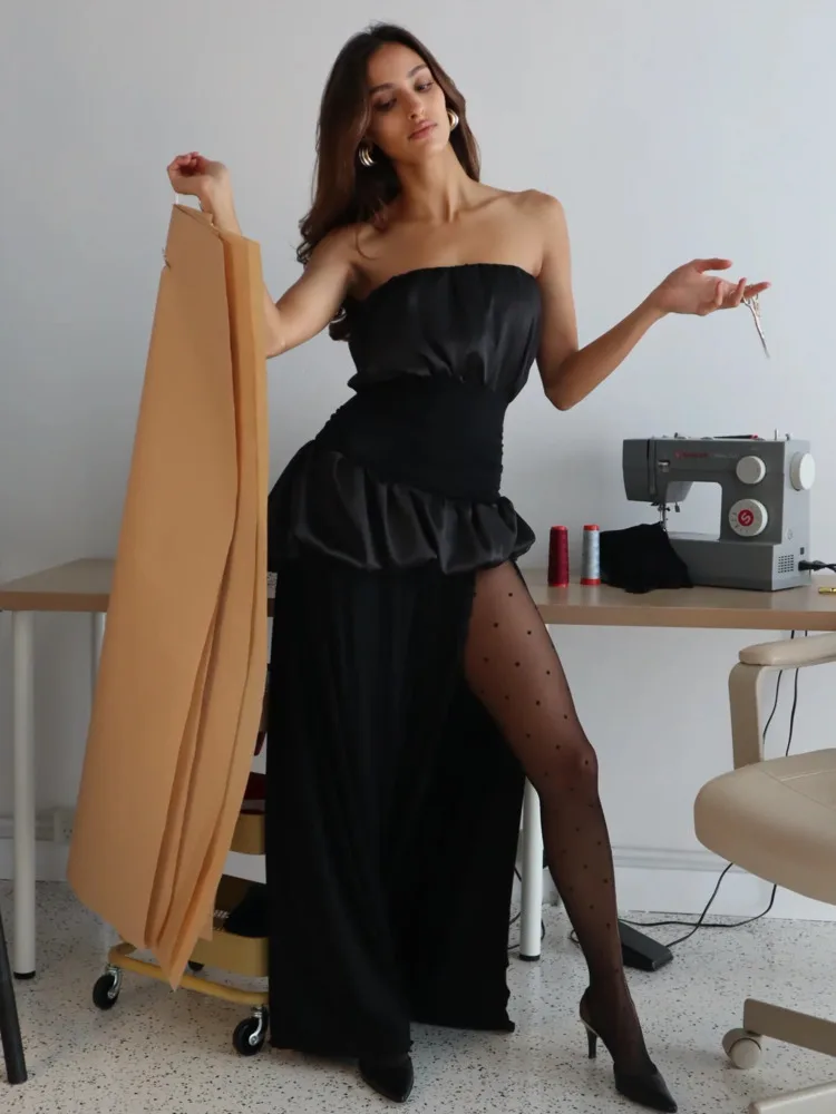 Blifanbo sexy sem alças fora do ombro maxi vestido feminino coxa divisão sem mangas ruched sem costas clube festa vestido de noite elegante