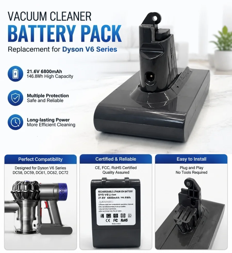 

2026 New For Dyson V6 Vacuum Cleaner and Sweeper 21700 Battery 21.6V 4800-9800mAh Lithium Ion Rechargeable, Long Battery Life