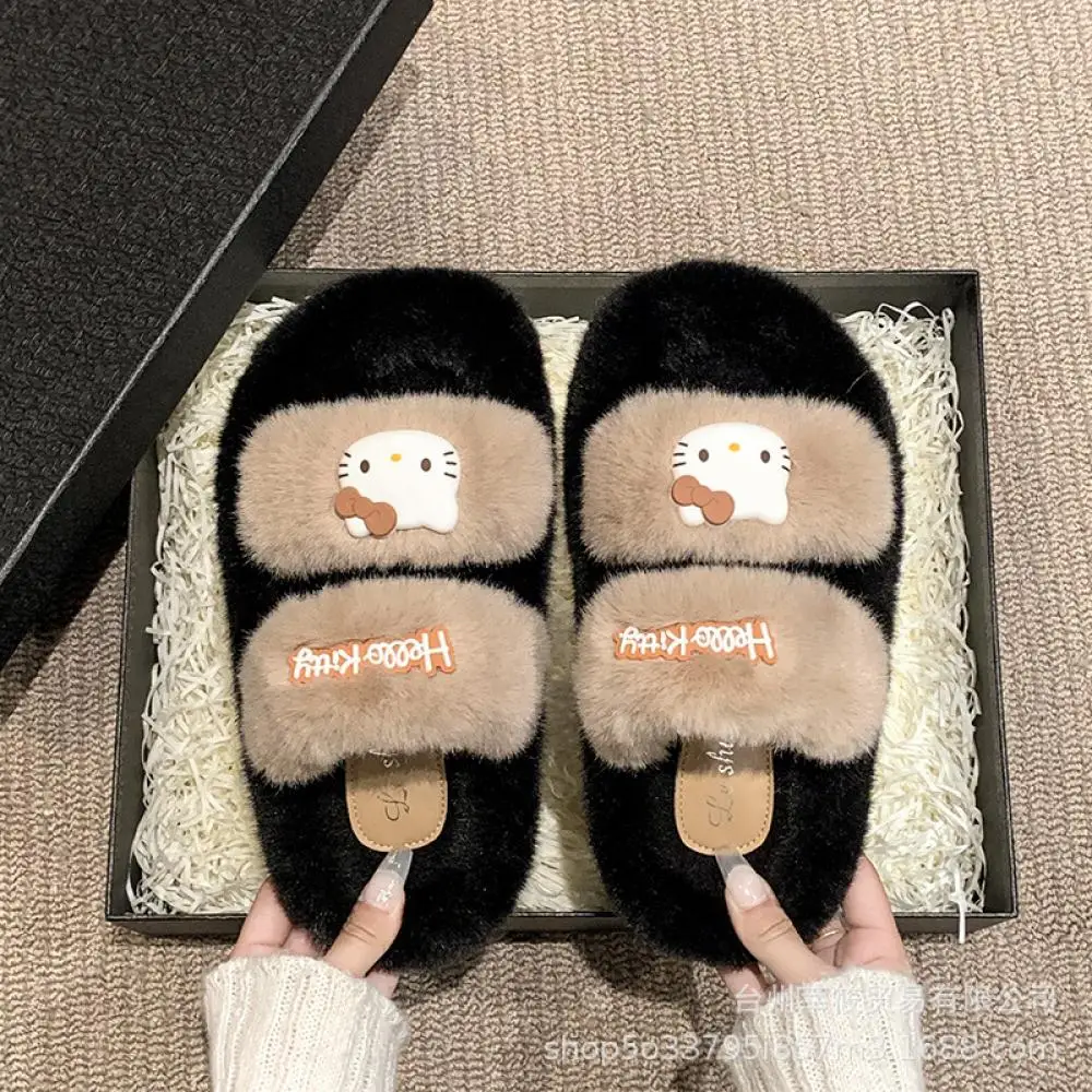 لطيف أفخم نعال من القطن Kawaii مرحبا كيتي النساء الشتاء داخلي Kt المخملية الدافئة الفراء الأحذية المنزلية سميكة سوليد الفتيات النعال