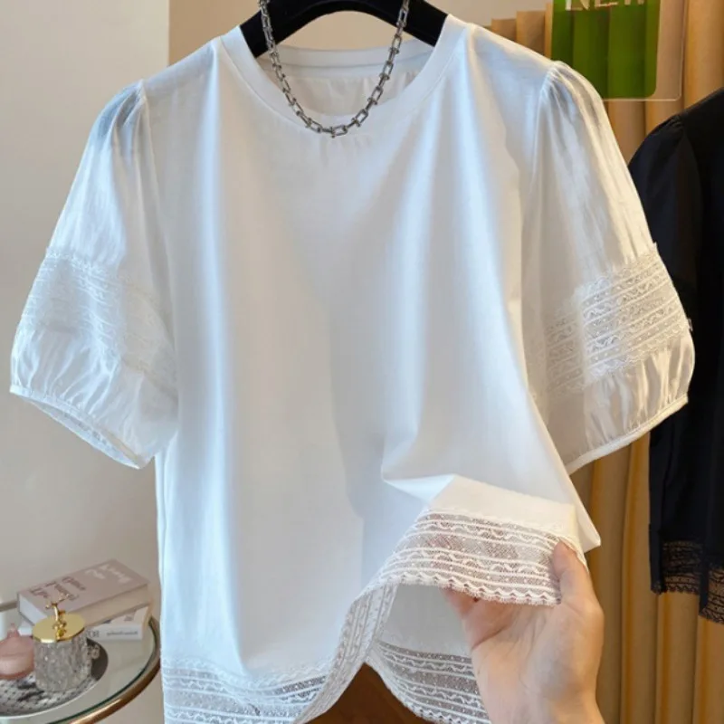 Matakawa Lace Patchwork T Shirt for Women Puff Sleeve Spring Summer Vintage Ropa De Mujer Fashion Solid Elegant Camisetas