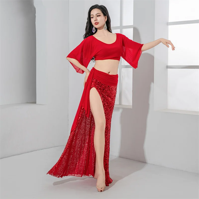 Brilho lantejoulas dança traje feminino solto dança do ventre topo sexy lado dividir saia longa fio de água dancewear prática palco mostrar 2025