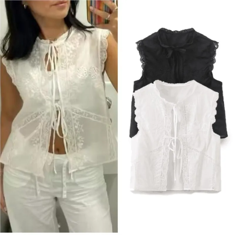 

Women's Embroidered Hollow Out Shirts 2026 Summer Casual Round Neck Sleeveless Lace-up Blouses Fashion Vintage Female Tops