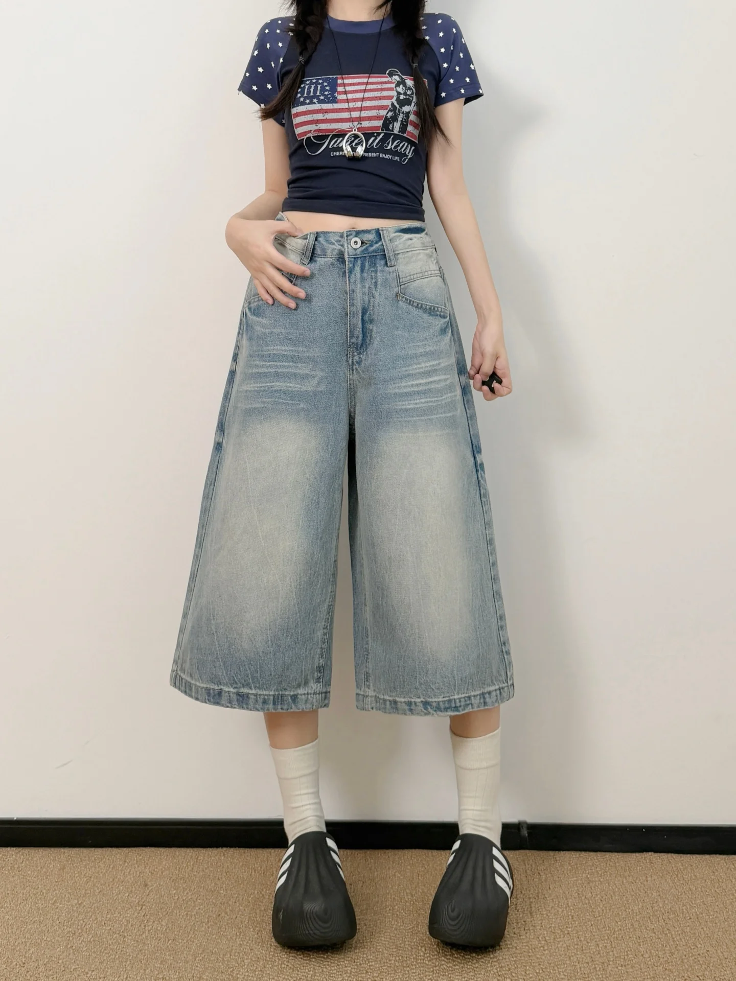 

American Style Loose Wide Leg Light Blue Seven-Five Jeans Women Summer plus Size Casual High Waist Denim Shorts Straight Leg