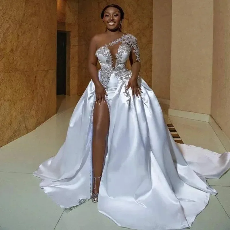 African Appliques One Shoulder Wedding Dresses A Line Sexy Side Slit Bride Gowns Elegant Formal Beach Party Woman's Vestidos