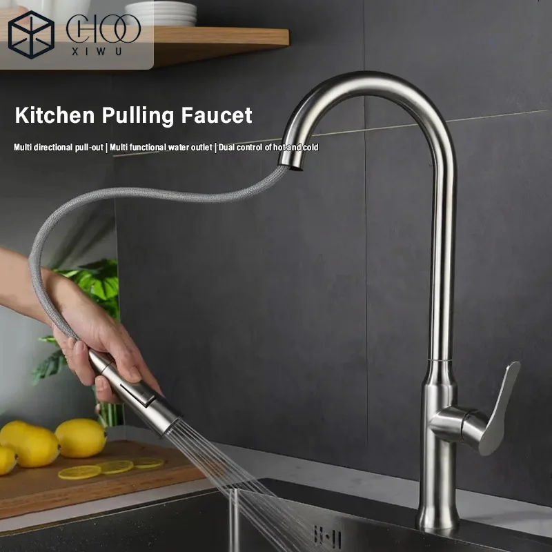 

Brushed Nickel Kitchen Faucet Single Hole Pull Out Spout Kitchen Sink Mixer Tap Stream Sprayer Head Chrome/Black Mixer Tap