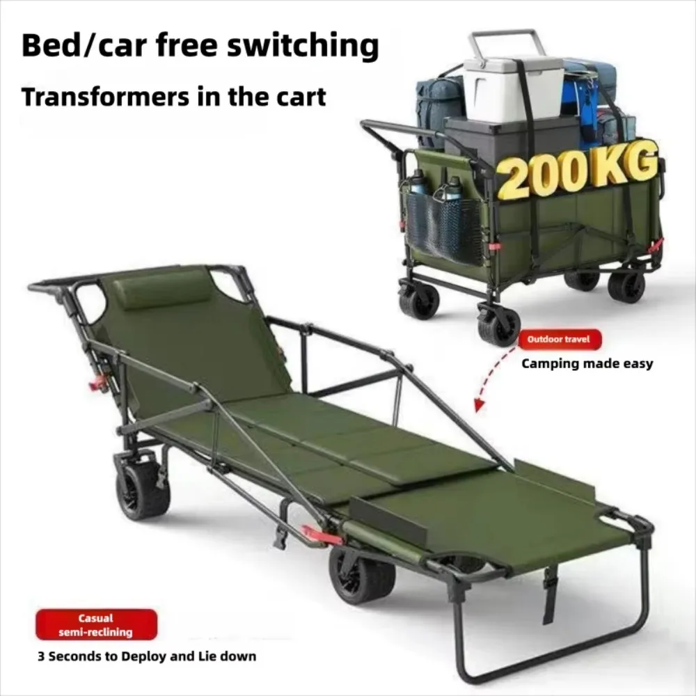 Outdoor Folding Camping Wagon Multifunctional Reclining Pushable Trolley With Tank Wheels For Beach Camp Travel