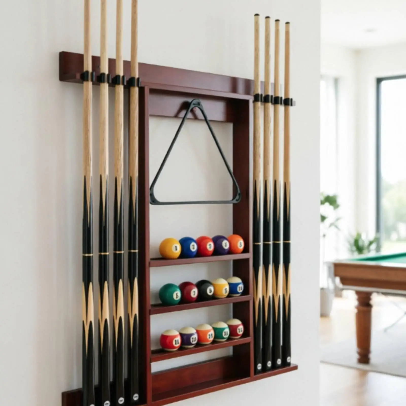 Billiard Cue Rack with Accessory Storage Solid Wooden Wall Mounted Pool Sticks Holder Space-Saving for Game Room, Home Bar