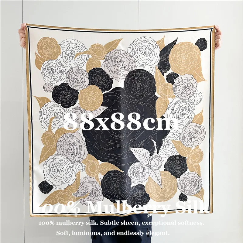 

Luxury 100% Mulberry Silk Scarf 88x88cm Designer Floral Print Square Silk Scarf for Women Elegant Head Scarf Hair Bandana Hijab